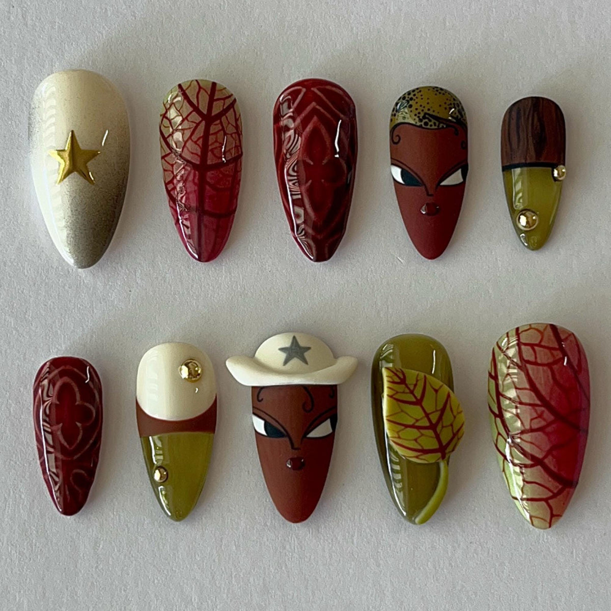 Western Cowboy Nail Set in Red, Brown, Cream and Olive with Hat Motifs