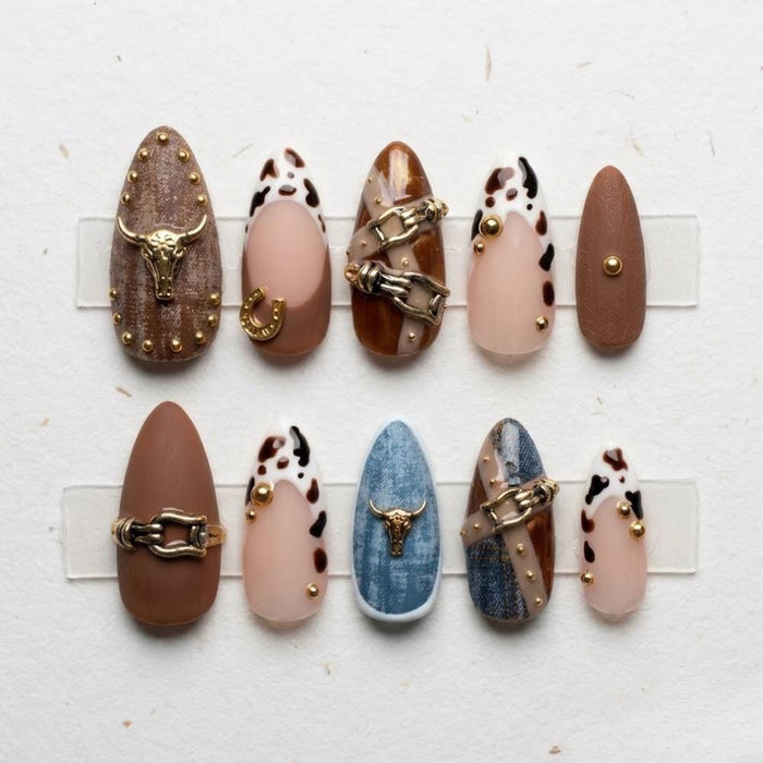 Western Cowgirl Cow Print Press On Nails With Denim, Bull Skull and Horseshoe Charms