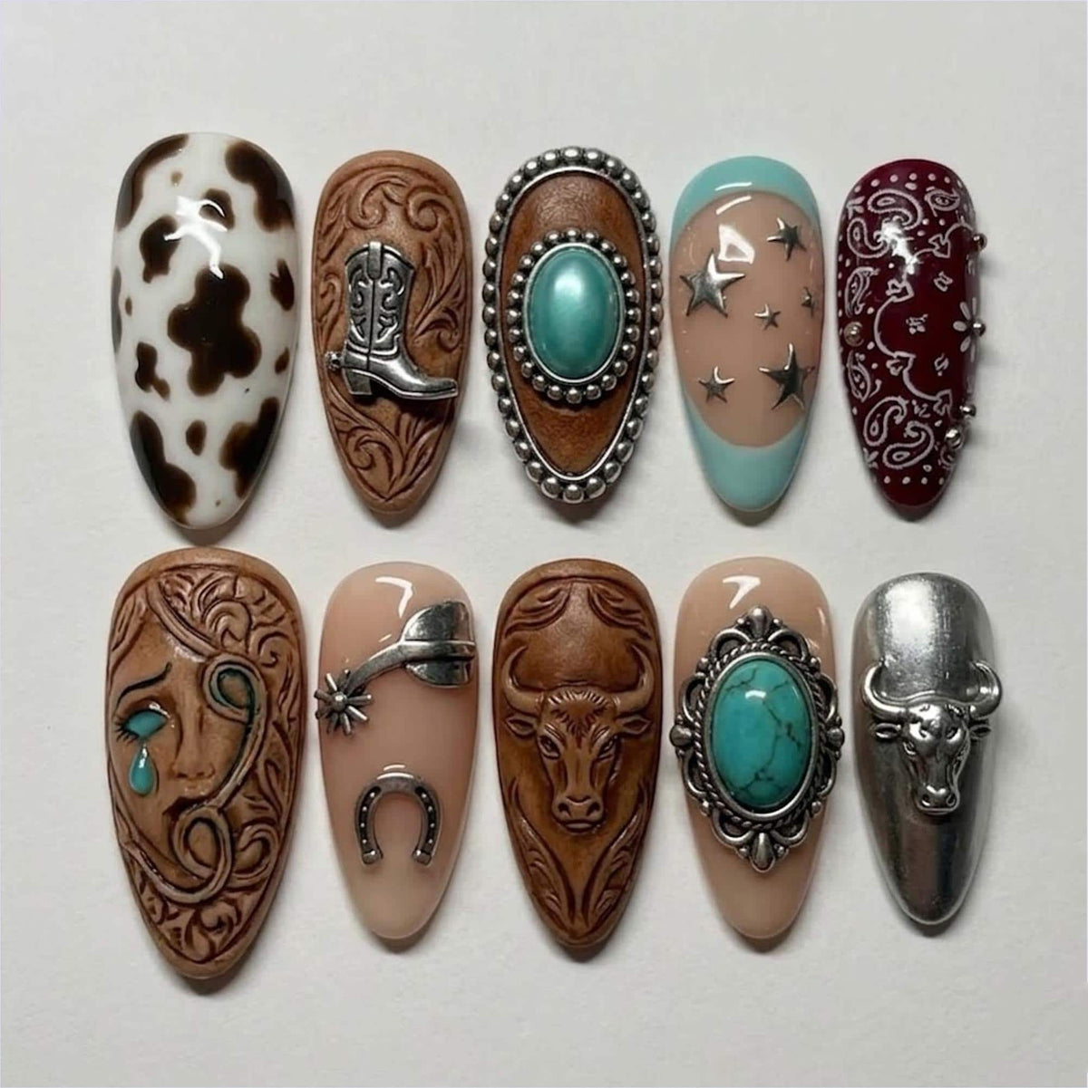 Western Cowgirl Nails with Turquoise Conchos, Cow Print, and Rodeo Charms