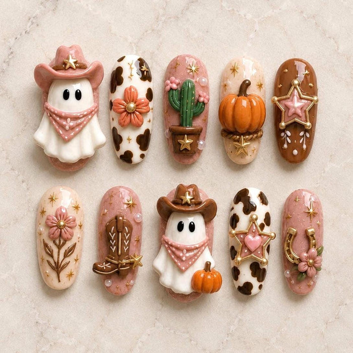 Western Halloween Cow Print Press On Nails With Ghosts, Pumpkin, Cactus and Floral Details