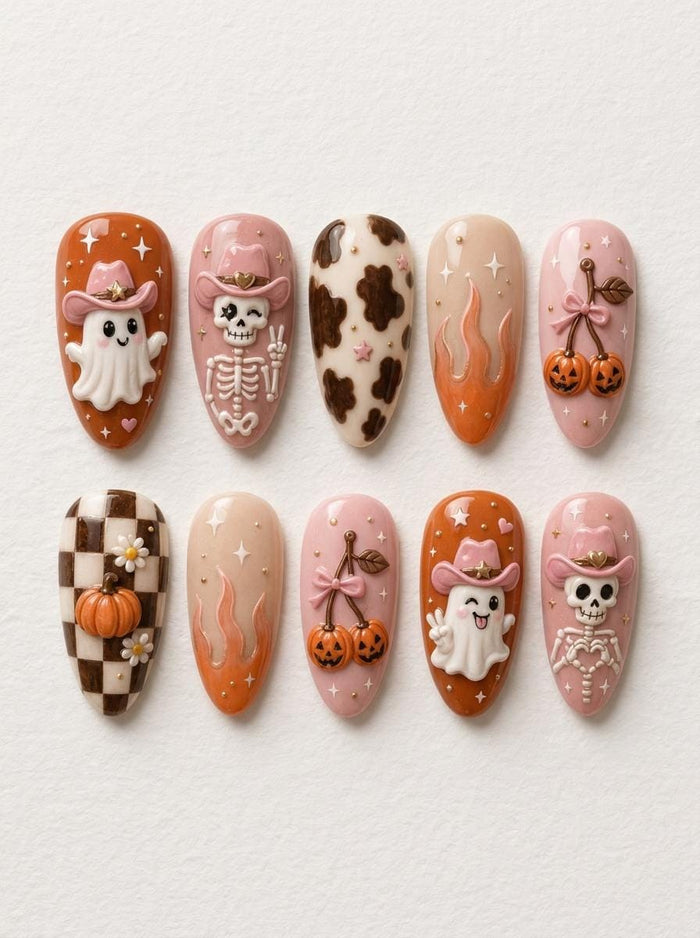 Western Halloween Press On Nails With Cow Print, Ghosts, Skeletons and Pumpkins