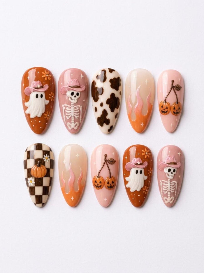 Western Halloween Press On Nails With Cow Print, Pink-Hat Ghosts and Skeletons