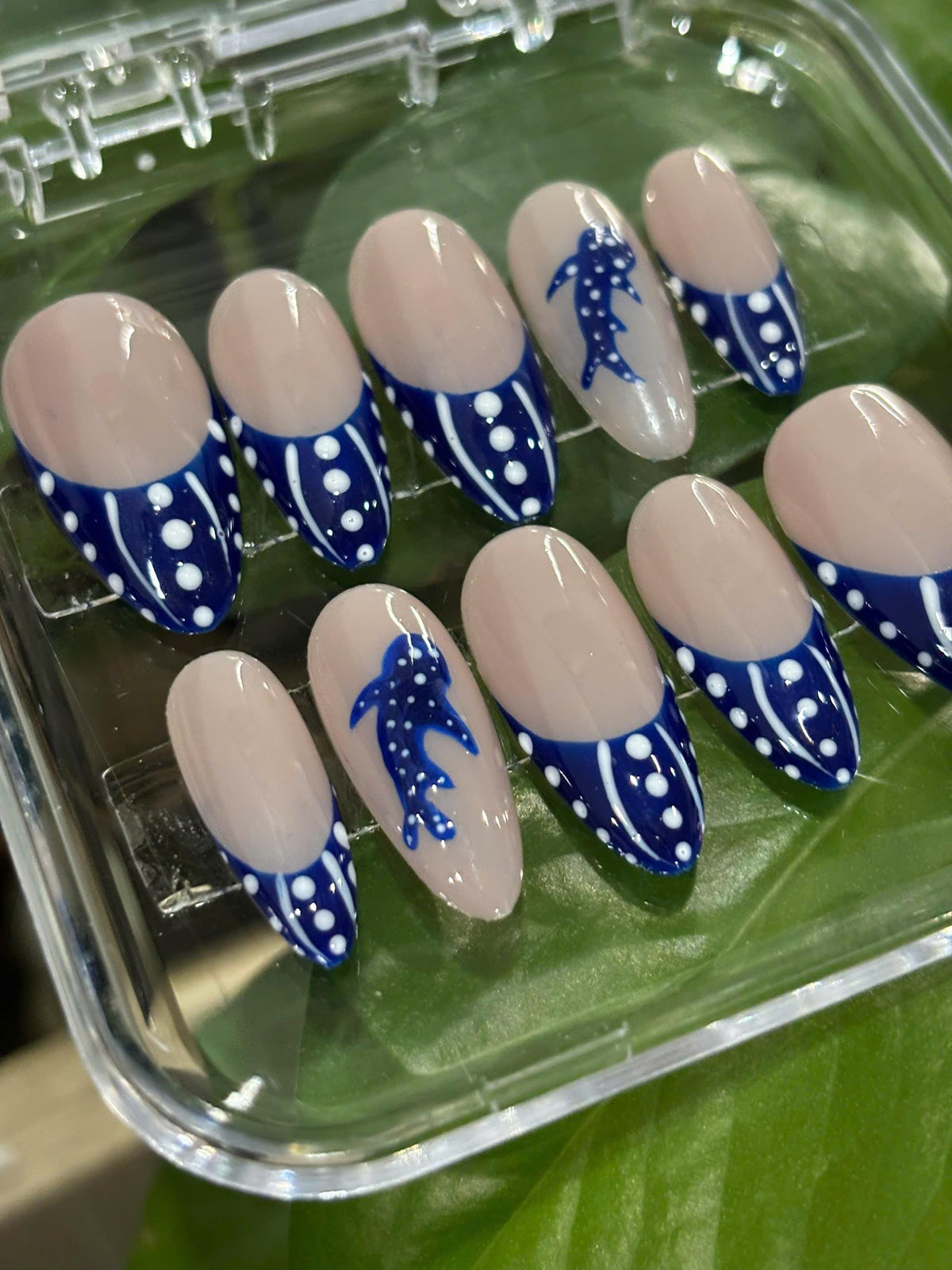 Whale Shark French Tip Nail Set With Navy Blue Dots