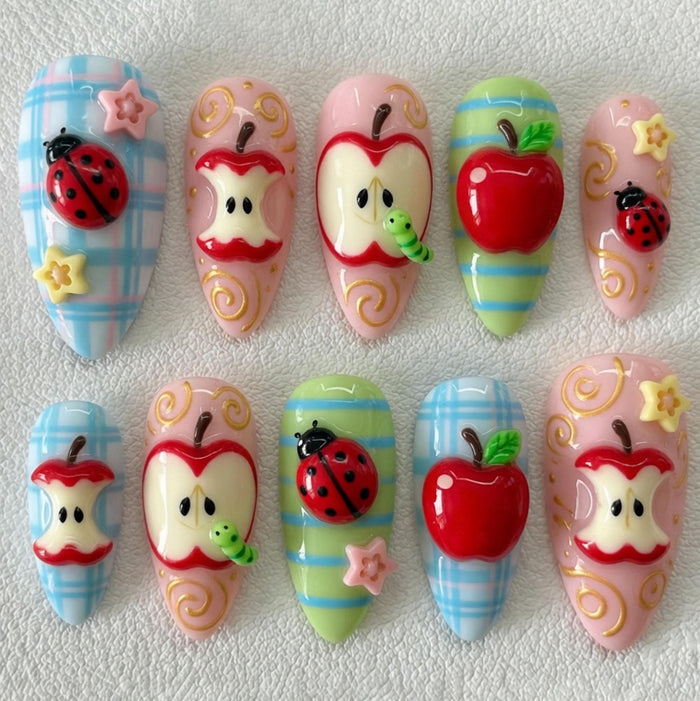 Whimsical Apple, Ladybug & Worm Press-On Nail Set