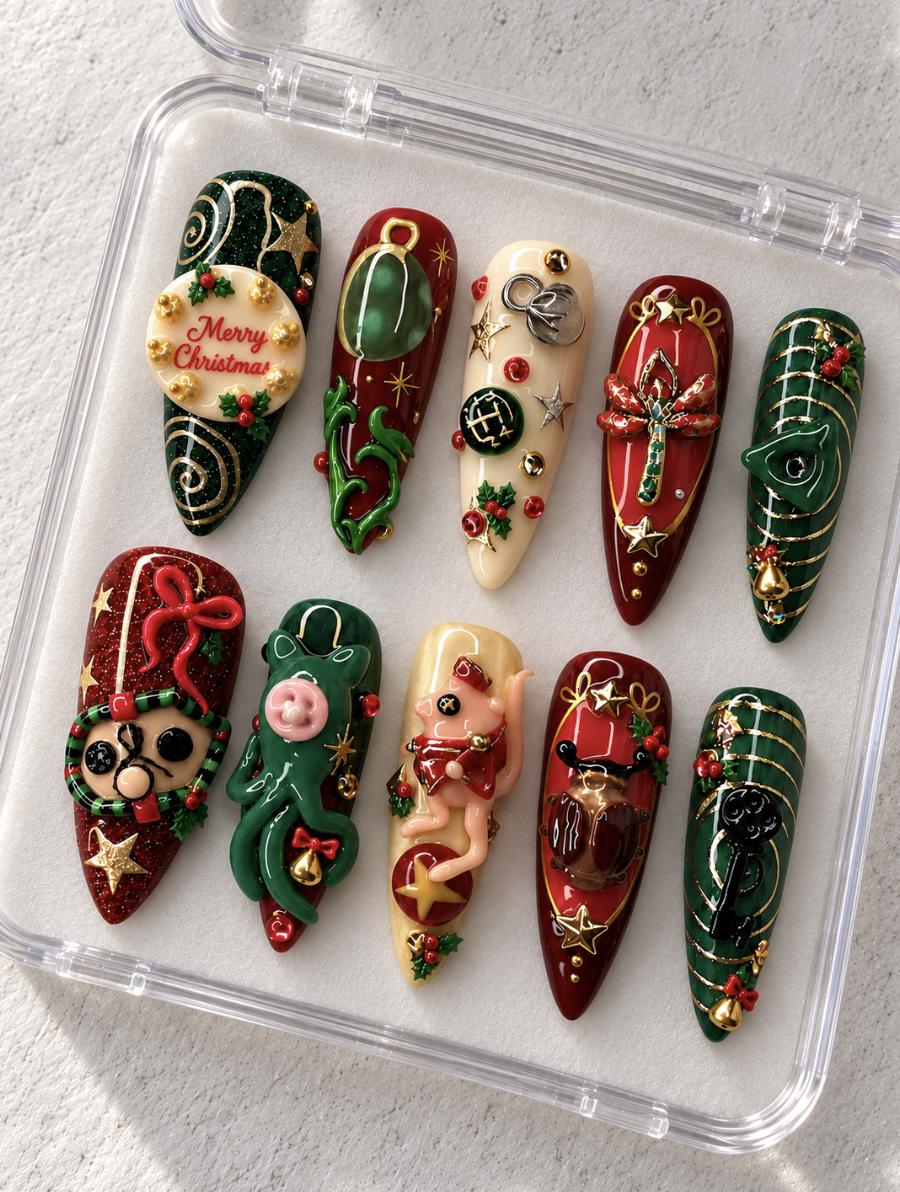 Whimsical Christmas Press On Nails in Emerald, Ruby Red and Gold