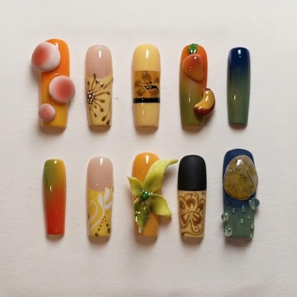 Whimsical Earthy Floral Press-On Nails With 3D Peach and Flower Details