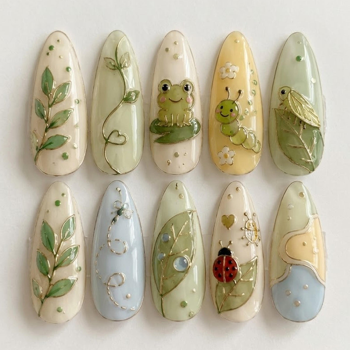 Whimsical Frog and Caterpillar Garden Press On Nails with Gold Botanical Details