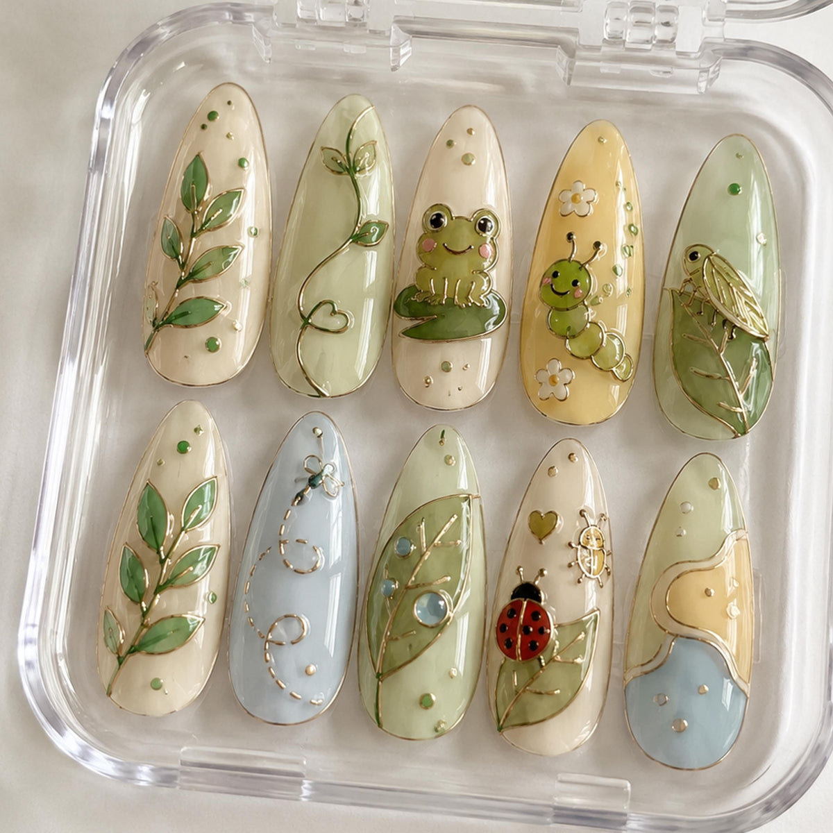 Whimsical Frog and Caterpillar Garden Press On Nails with Gold Botanical Details