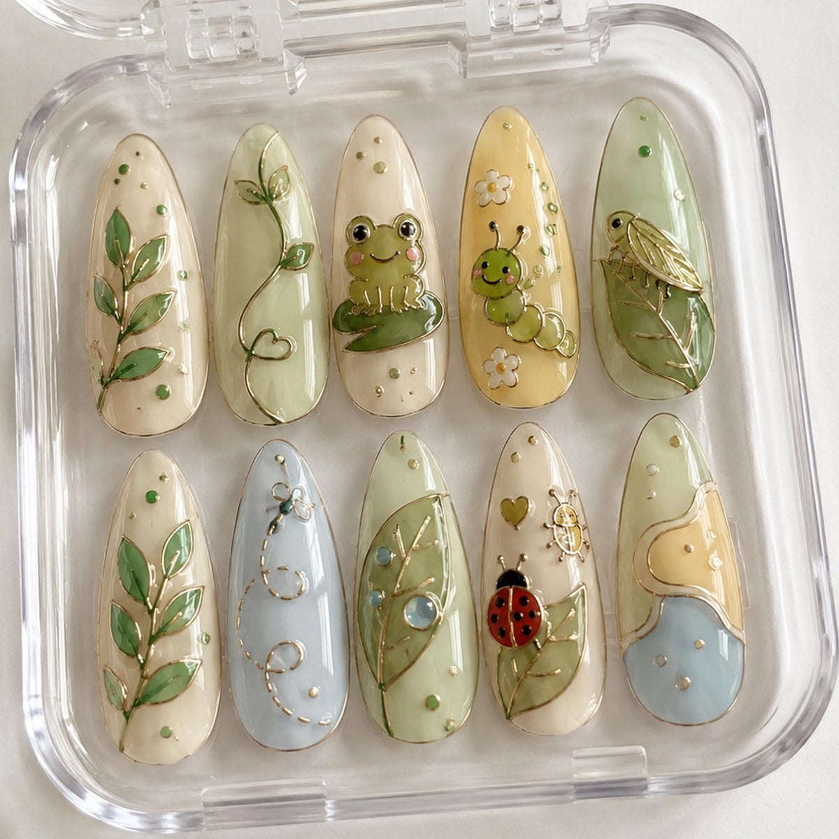 Whimsical Frog and Caterpillar Garden Press On Nails with Gold Botanical Details