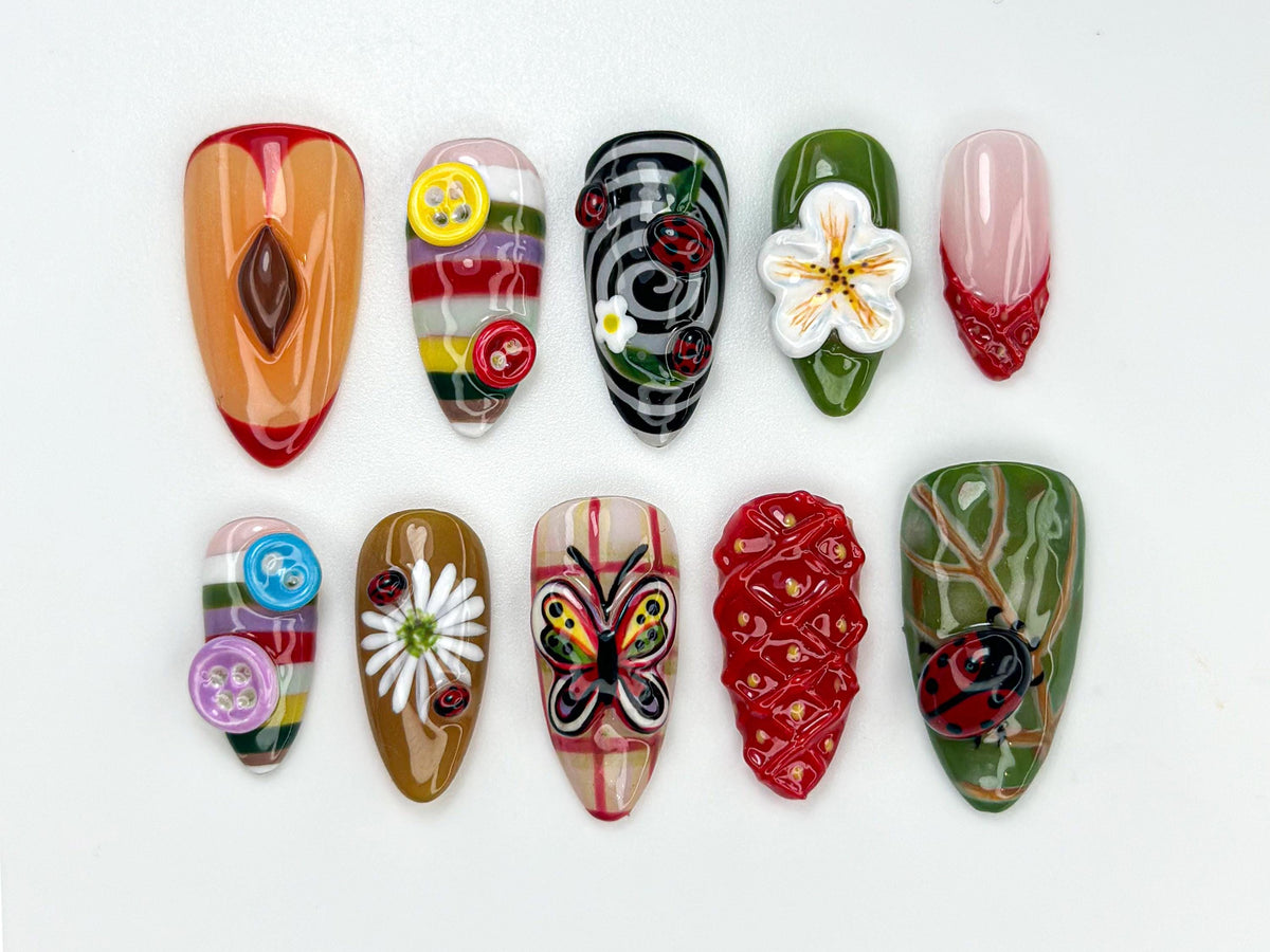 Whimsical Garden Picnic Nail Set With Plaid, Buttons, Butterfly, Ladybug and Daisy Details