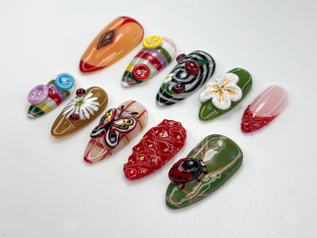 Whimsical Garden Picnic Nail Set With Plaid, Buttons, Butterfly, Ladybug and Daisy Details