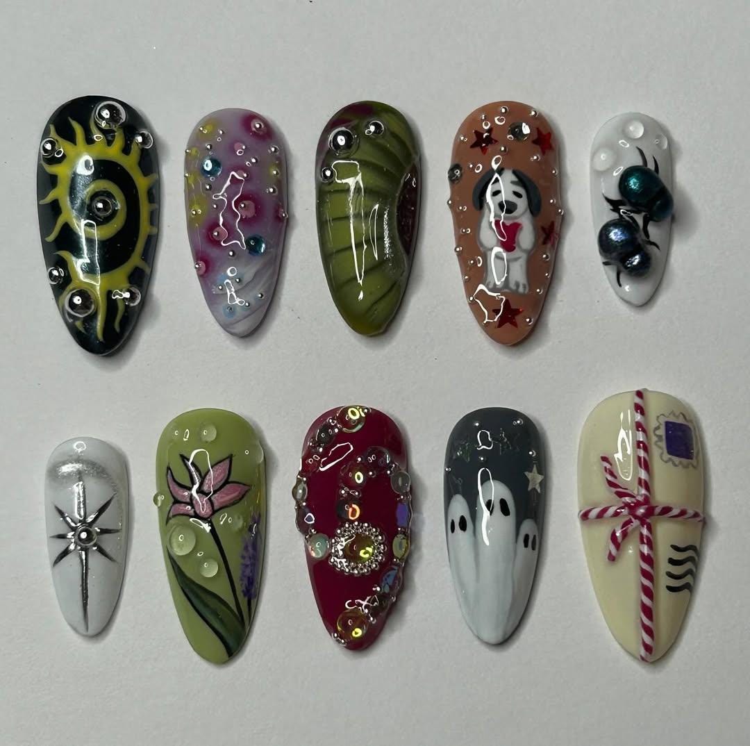 Whimsical Ghost and Dog Nail Set with Colorful Gems and Mismatched Art
