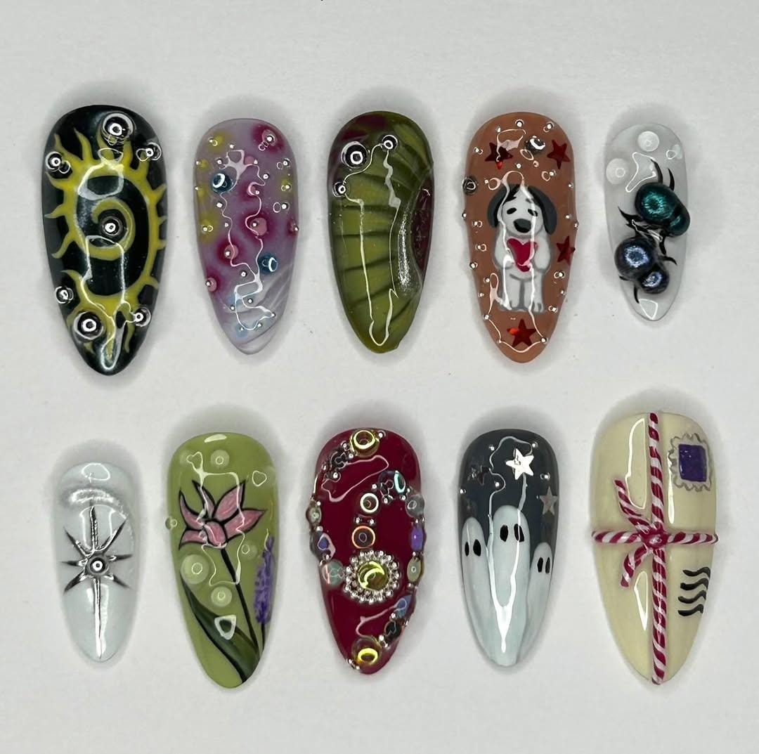 Whimsical Ghost and Dog Nail Set with Colorful Gems and Mismatched Art