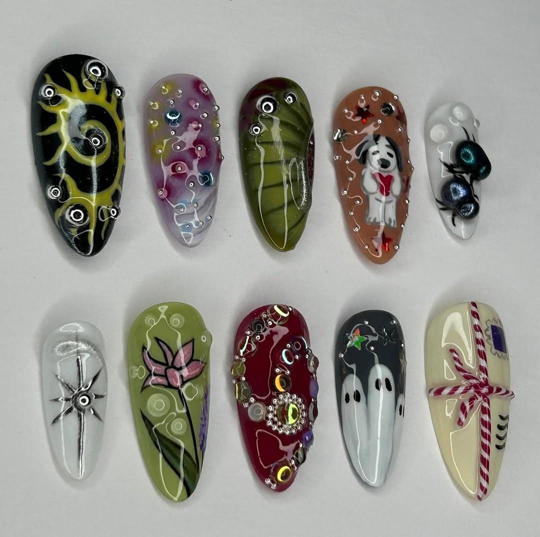 Whimsical Ghost and Dog Nail Set with Colorful Gems and Mismatched Art