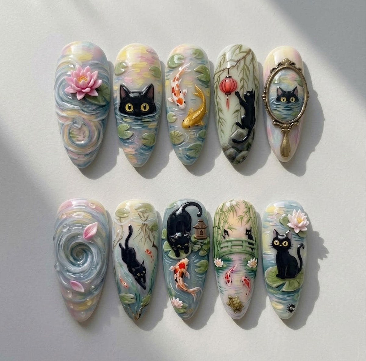 Whimsical Koi Pond and Black Cat Nail Set with 3D Lotus Flowers