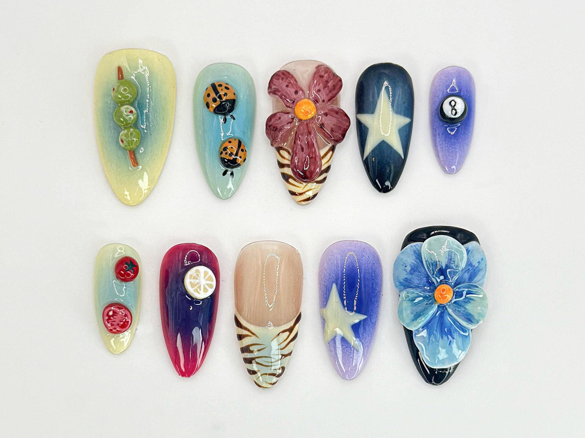 Whimsical Nature Mix Press-On Nail Set With Sculpted Flowers, Ladybugs and Citrus