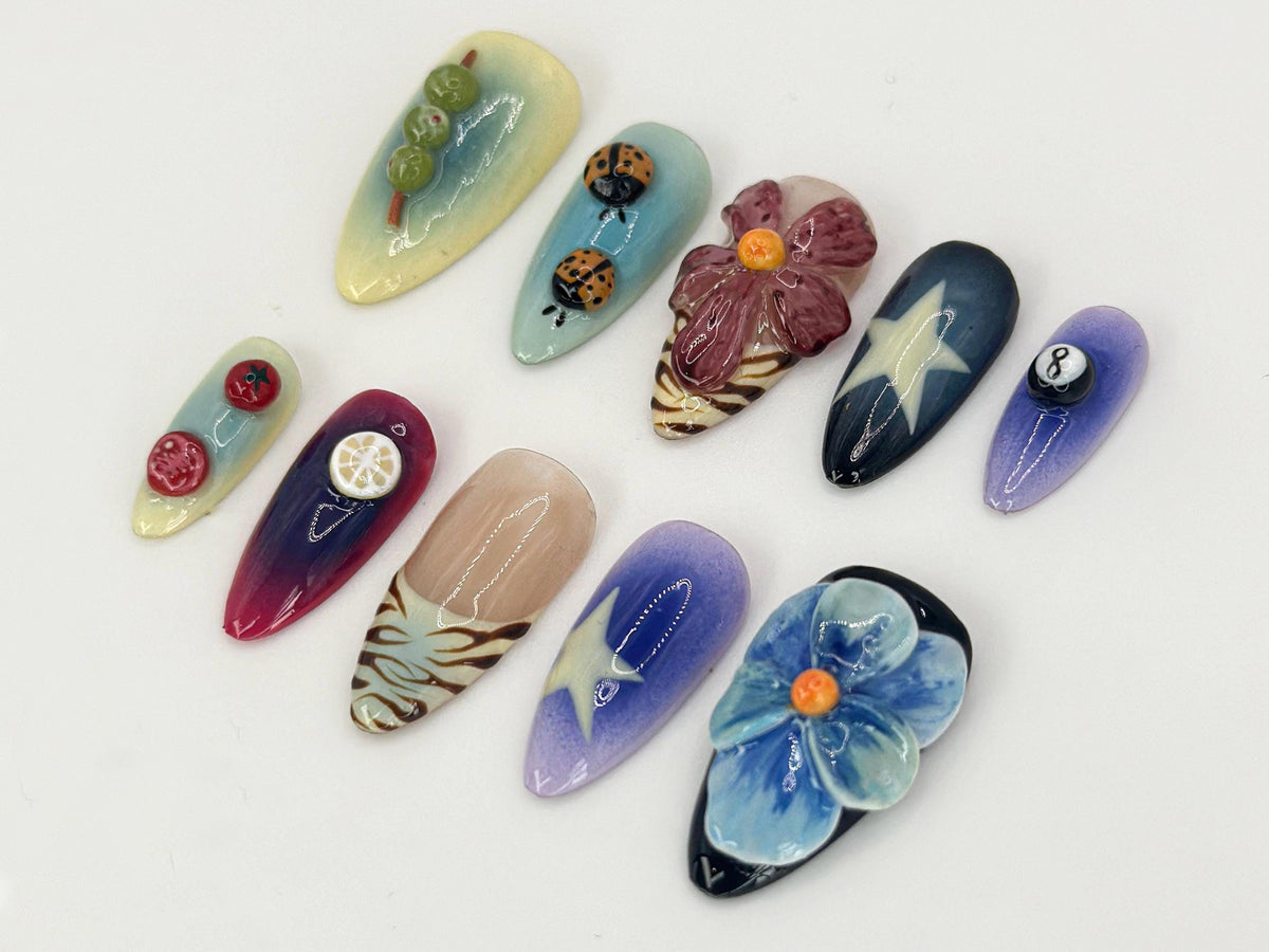 Whimsical Nature Mix Press-On Nail Set With Sculpted Flowers, Ladybugs and Citrus