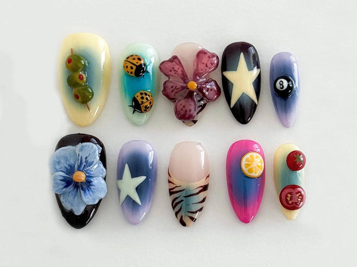 Whimsical Nature Press On Nail Set With Flowers, Ladybugs, Fruit, Stars and Stripes