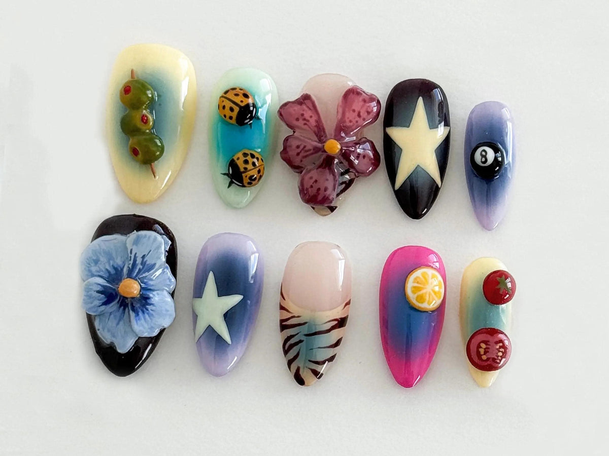 Whimsical Nature Nail Set With Flowers, Ladybugs, Fruit, Stars and Stripes