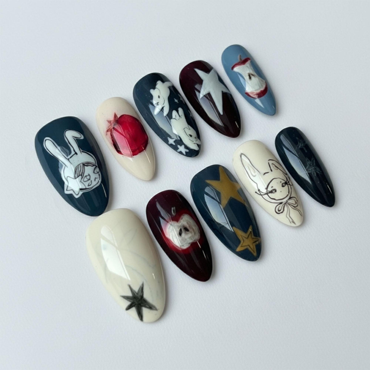 Whimsical Rabbit, Apple and Star Press On Nails in Navy and Burgundy