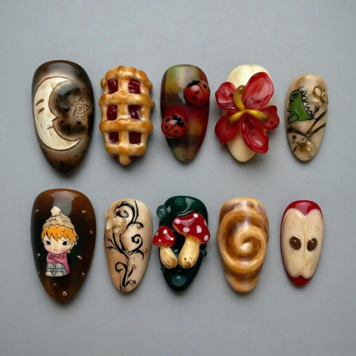 Whimsical Storybook Woodland Press On Nails With Moons, Mushrooms, Ladybugs and 3D Details