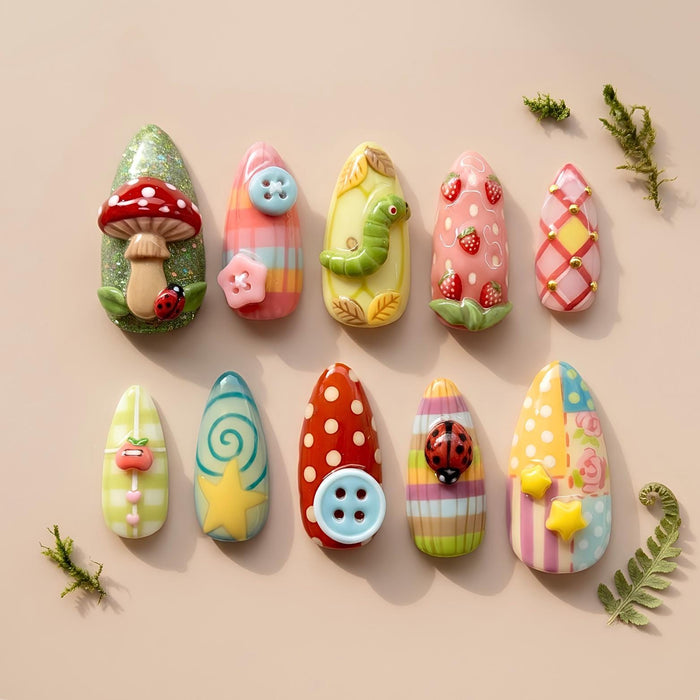 Whimsical Woodland Cottagecore Press On Nails With Mushrooms, Caterpillars and Strawberries