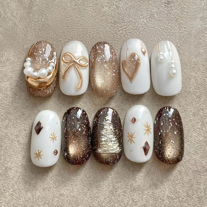 White and Champagne Gold Glitter Press-On Nails with Bow, Pearls and Gems