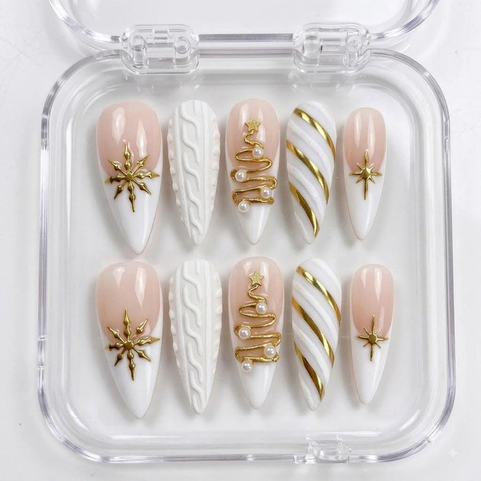 White and Gold Christmas Sweater Press-On Nails with Cable Knit and Tree Details