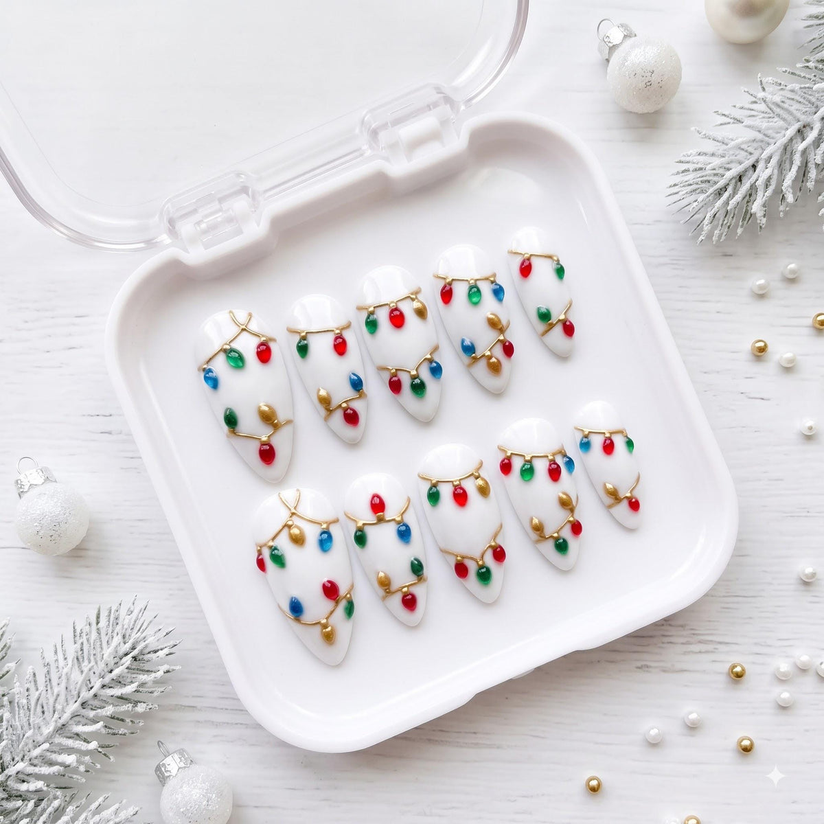 White Christmas Light Nail Set With Colorful Bulbs and Gold Wire