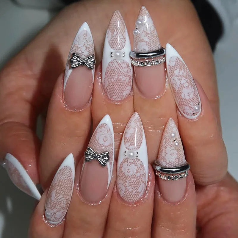 White French Tip Nails with White Lace, Silver Bows and Rhinestone Charms