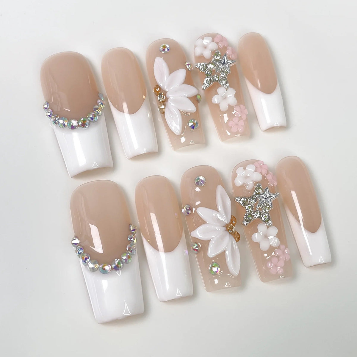 White French Tip Press On Nails With 3D Flowers, Pearls and Rhinestones