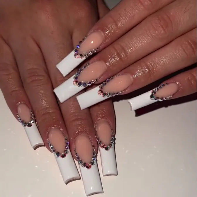 White French Tip Press On Nails With Nude Centers and Silver Rhinestone Accents