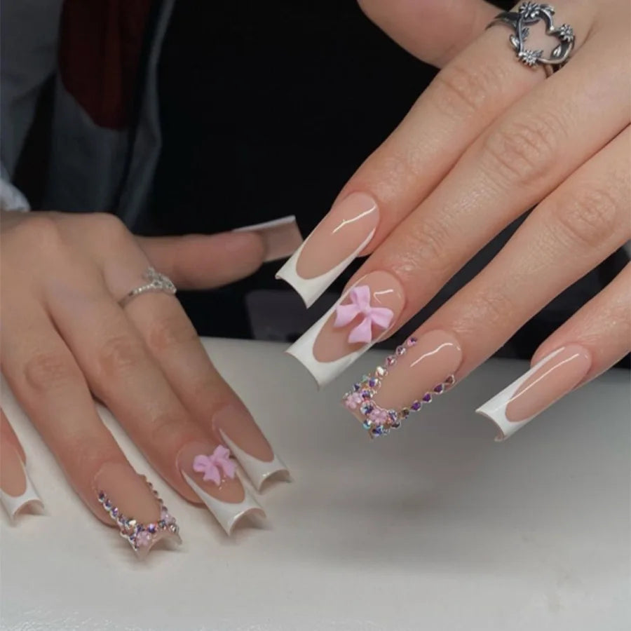 White French Tip Press On Nails with Pink Bows and Multicolor Rhinestones