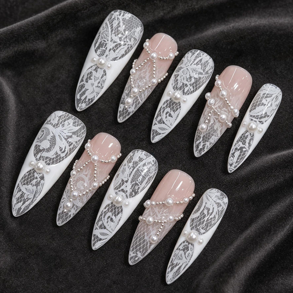 White Lace and Pearl Bridal Nail Set