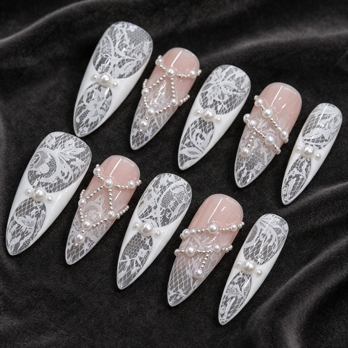 White Lace and Pearl Bridal Nail Set