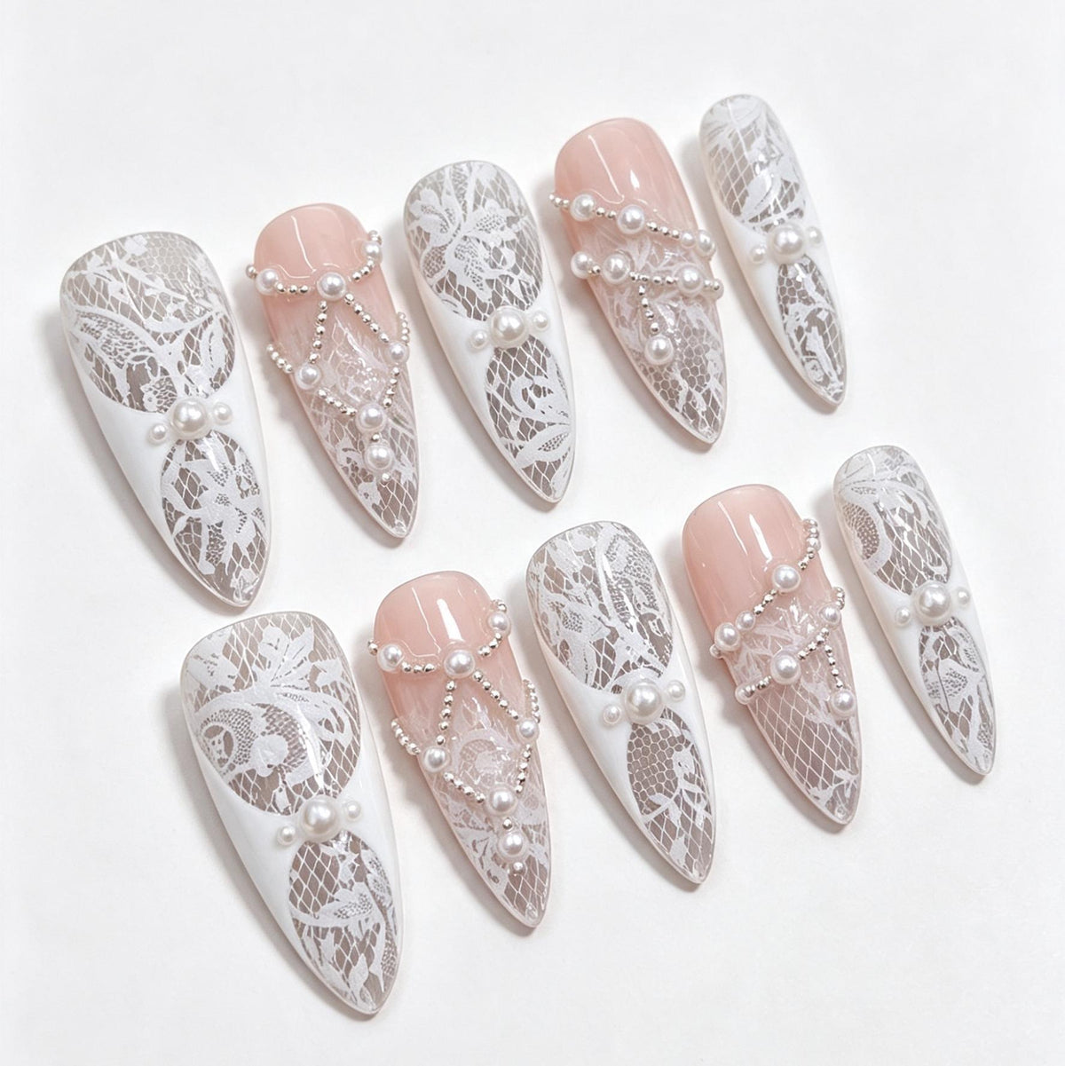 White Lace and Pearl Bridal Nail Set