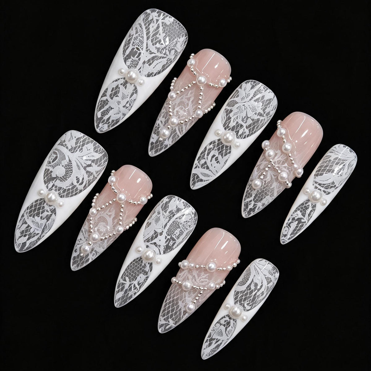 White Lace and Pearl Bridal Nail Set