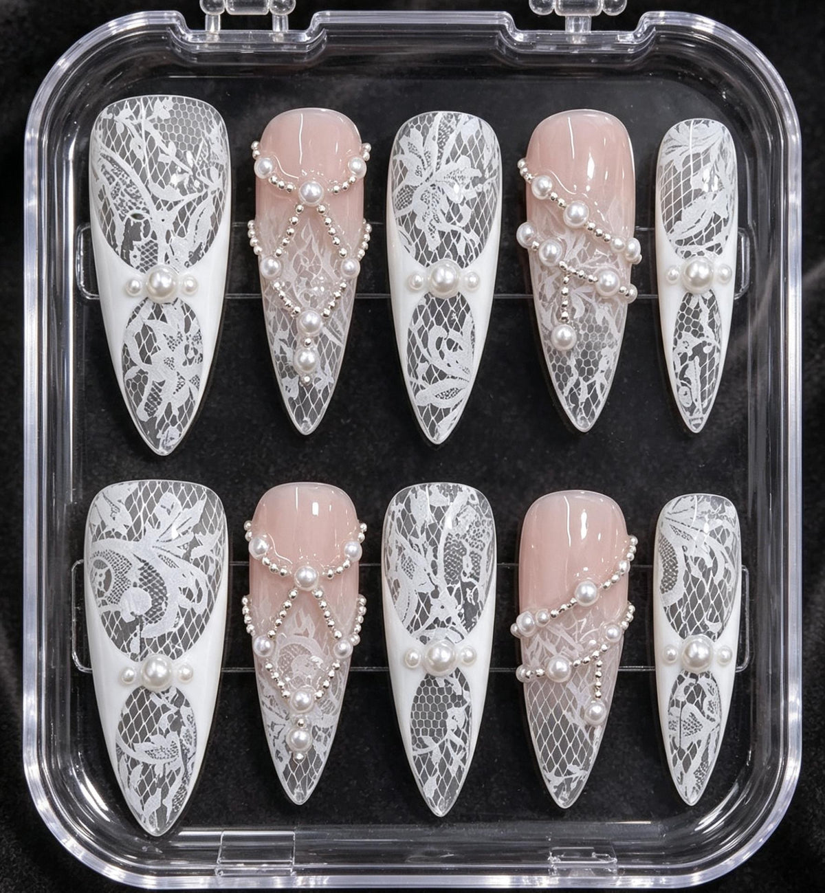 White Lace and Pearl Bridal Nail Set