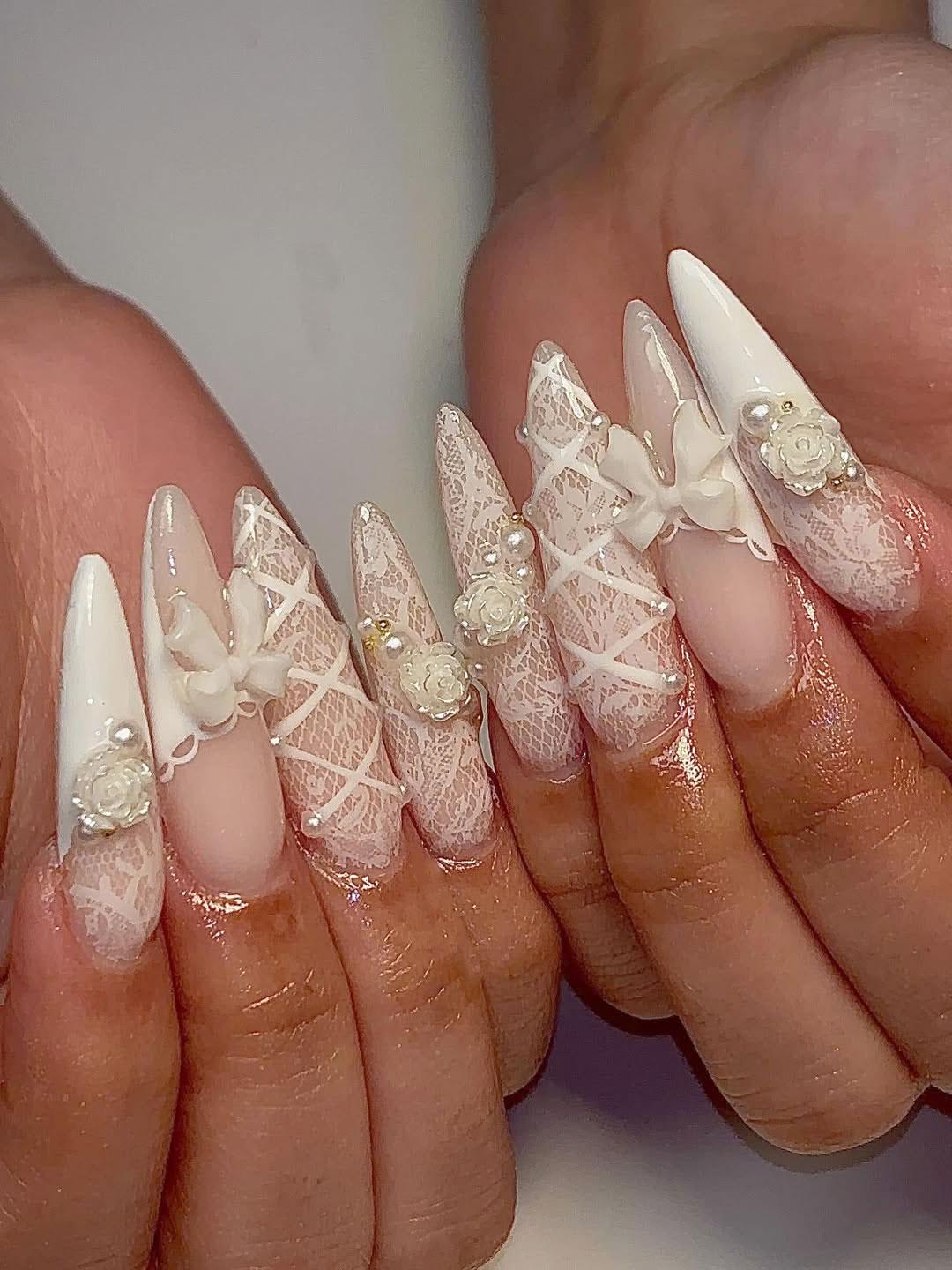 White Lace Bridal Press On Nails With 3D Bows, Flowers and Pearls