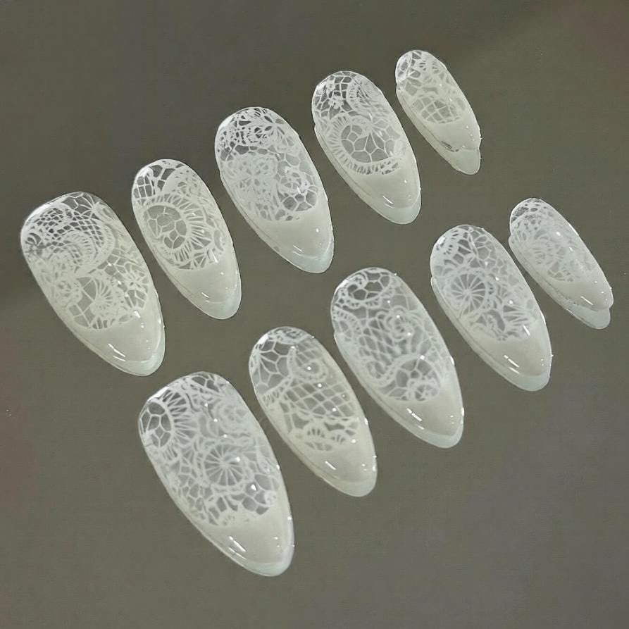 White Lace Floral French Tip Wedding Press-On Nail Set