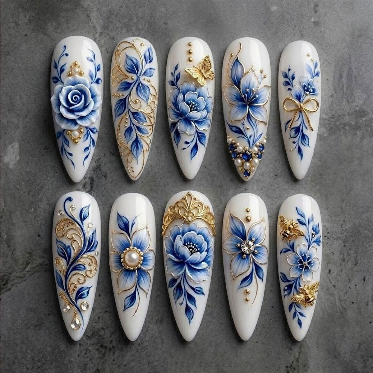 White Porcelain-Inspired Press-On Nails with Blue Flowers, Gold Scrollwork, Pearls and Rhinestones