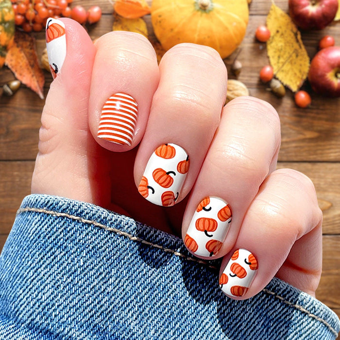 White Pumpkin and Orange Stripe Fall Press On Nails