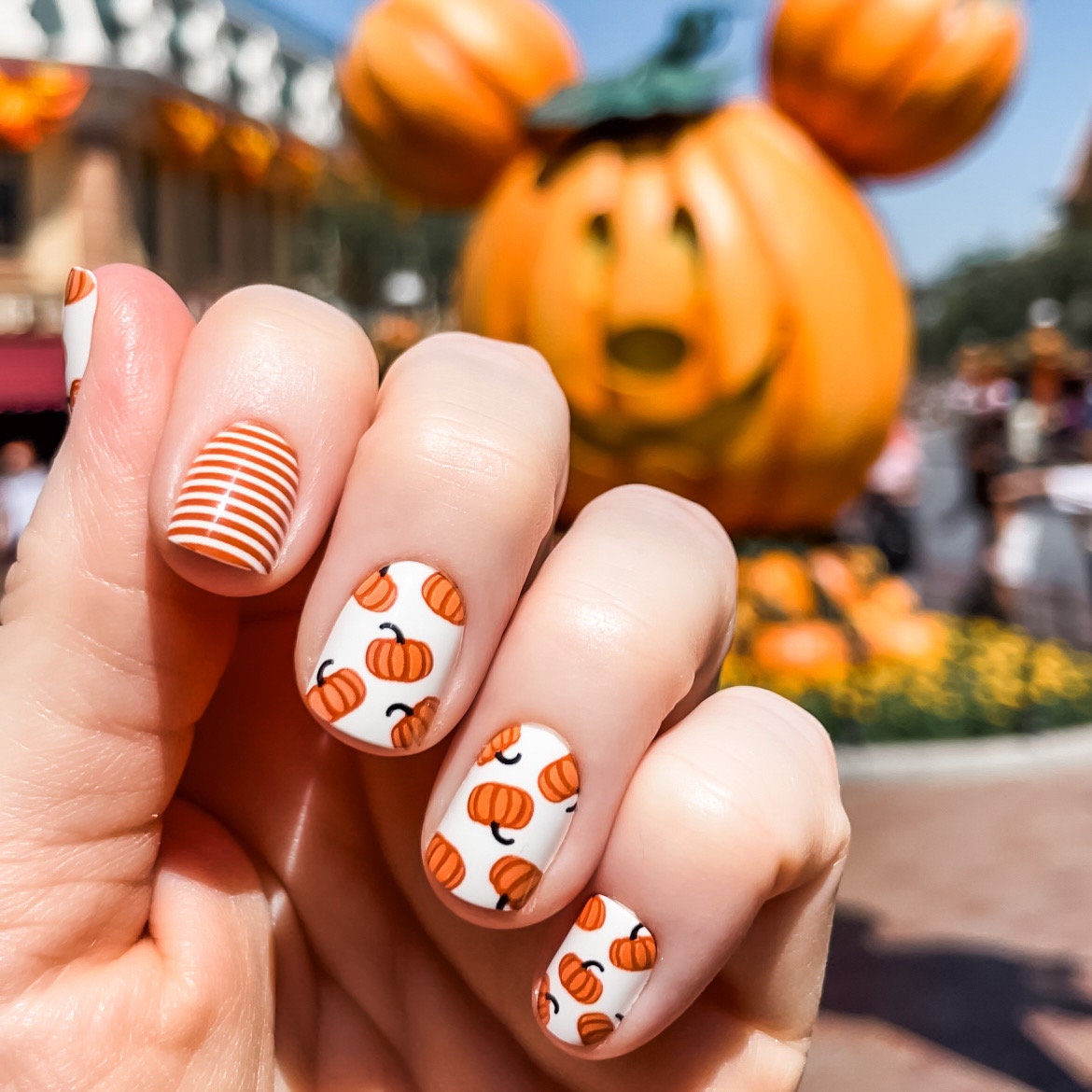 White Pumpkin and Orange Stripe Fall Press On Nails