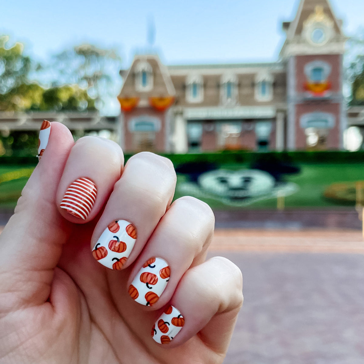 White Pumpkin and Orange Stripe Fall Press On Nails