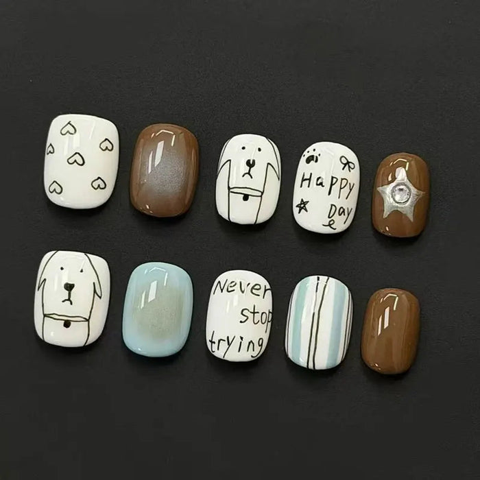 White Puppy Doodle Press-On Nails With Brown Star Charm