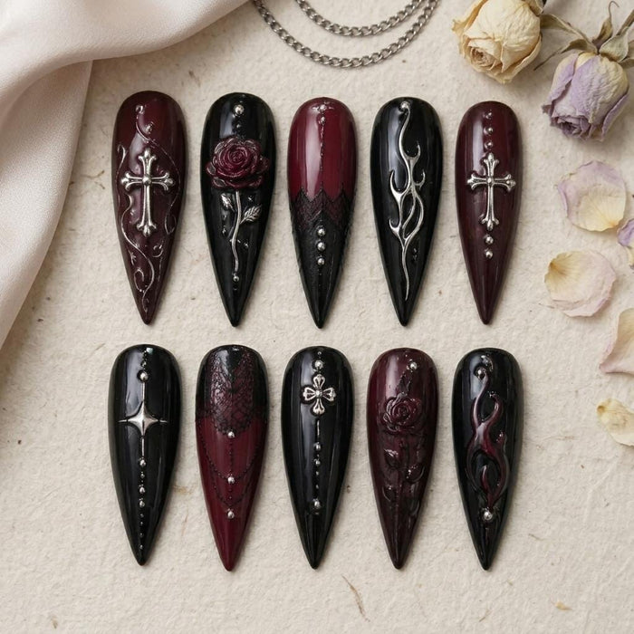 Wine Red and Black Gothic Lace Press On Nails with Roses and Cross Details