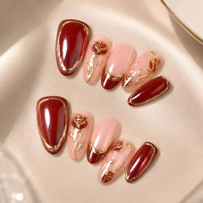 Wine Red Cat Eye French Tip Press On Nails With Raised Gold Roses