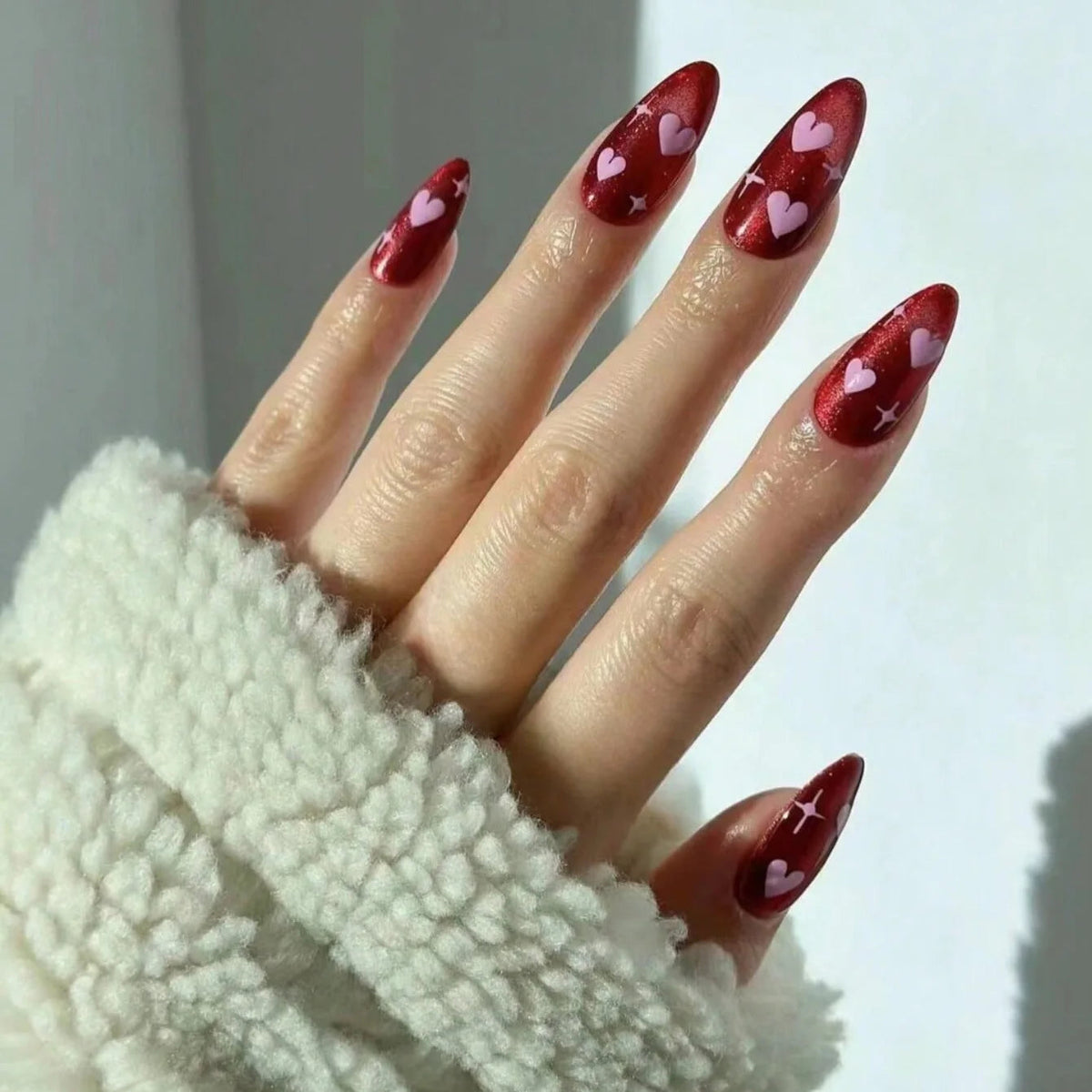 Wine Red Glitter Heart Press On Nails