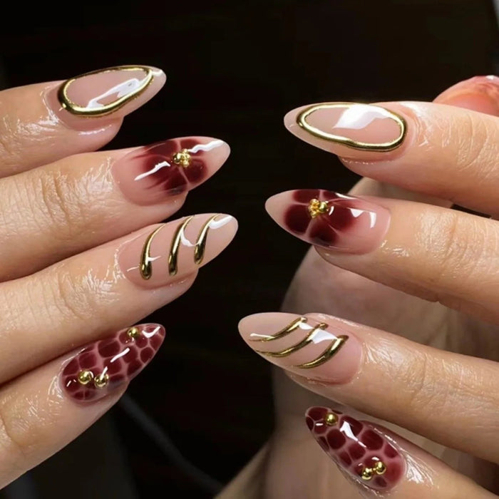 Wine Red Marble and Gold Accent Press On Nails
