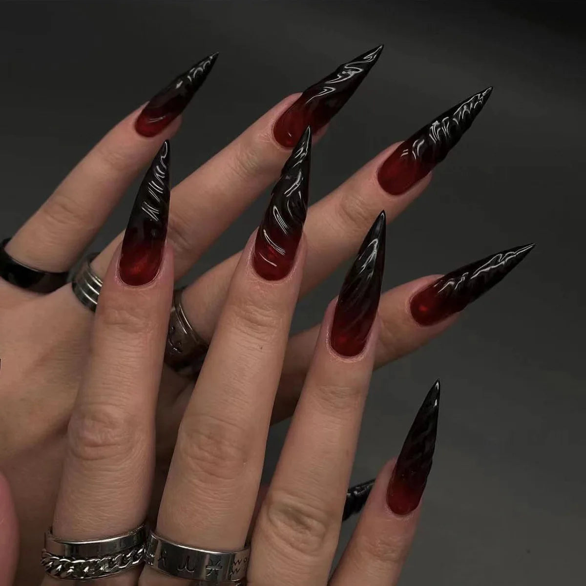 Wine Red to Black Ombre Nails with Silver-White Chrome Swirls